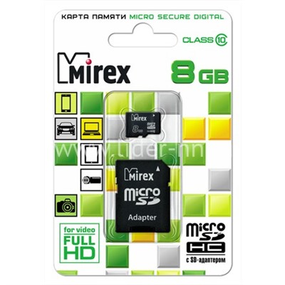 Карта памяти MicroSD 8GB MIREX К10 (с адаптером)