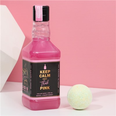 Подарочный набор женский Keep calm and think pink: гель для душа во флаконе виски 250 мл, бомбочки для ванны 4 шт по 40