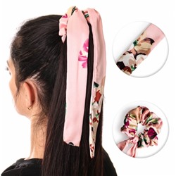 Резинка для волос атласная с лентами и цветочным принтом " NO4 " розовая