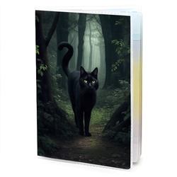 MOB784 Обложка для паспорта Чёрный кот в лесу