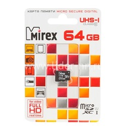 Карта памяти MicroSD 64GB MIREX К10 UHS-I, U1 (без адаптера)