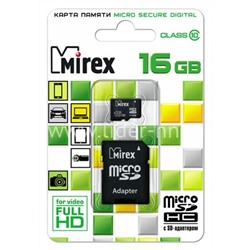 Карта памяти MicroSD 16GB MIREX К10 (с адаптером)