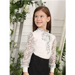 Молочный джемпер(блузка)для девочки с бантом-галстуком 809226-ДНШ21