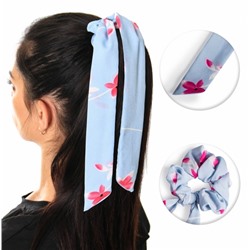 Резинка для волос объёмная с лентами " NO10 " контрастный цветочный принт голубая