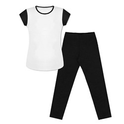 Спортивный комплект для девочки с белой футболкой с черными рукавами и серыми леггинсами