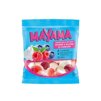 «Mayama», мармелад жевательный с желейной начинкой со вкусом черники и малины со сливками, 70 г