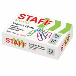 Скрепки STAFF Manager, 28 мм, цветные, 70 шт,, в картонной коробке, РОССИЯ, 224630