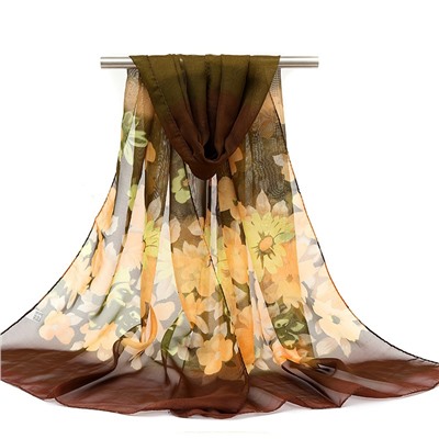 Шифоновый шарф узор жёлтые цветы коричневый кант
