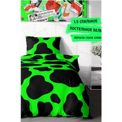 Постельное белье 1. 5 перкаль Crazy Getup (50х70; 70х70) рис. 16397-4/16405-1 Green cow