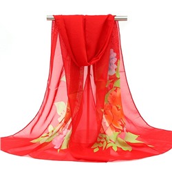 Шифоновый шарф узор цветы красный
