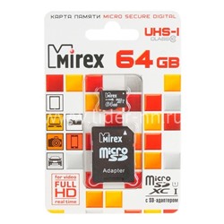 Карта памяти MicroSD 64GB MIREX К10 UHS-I, U1 (с адаптером)